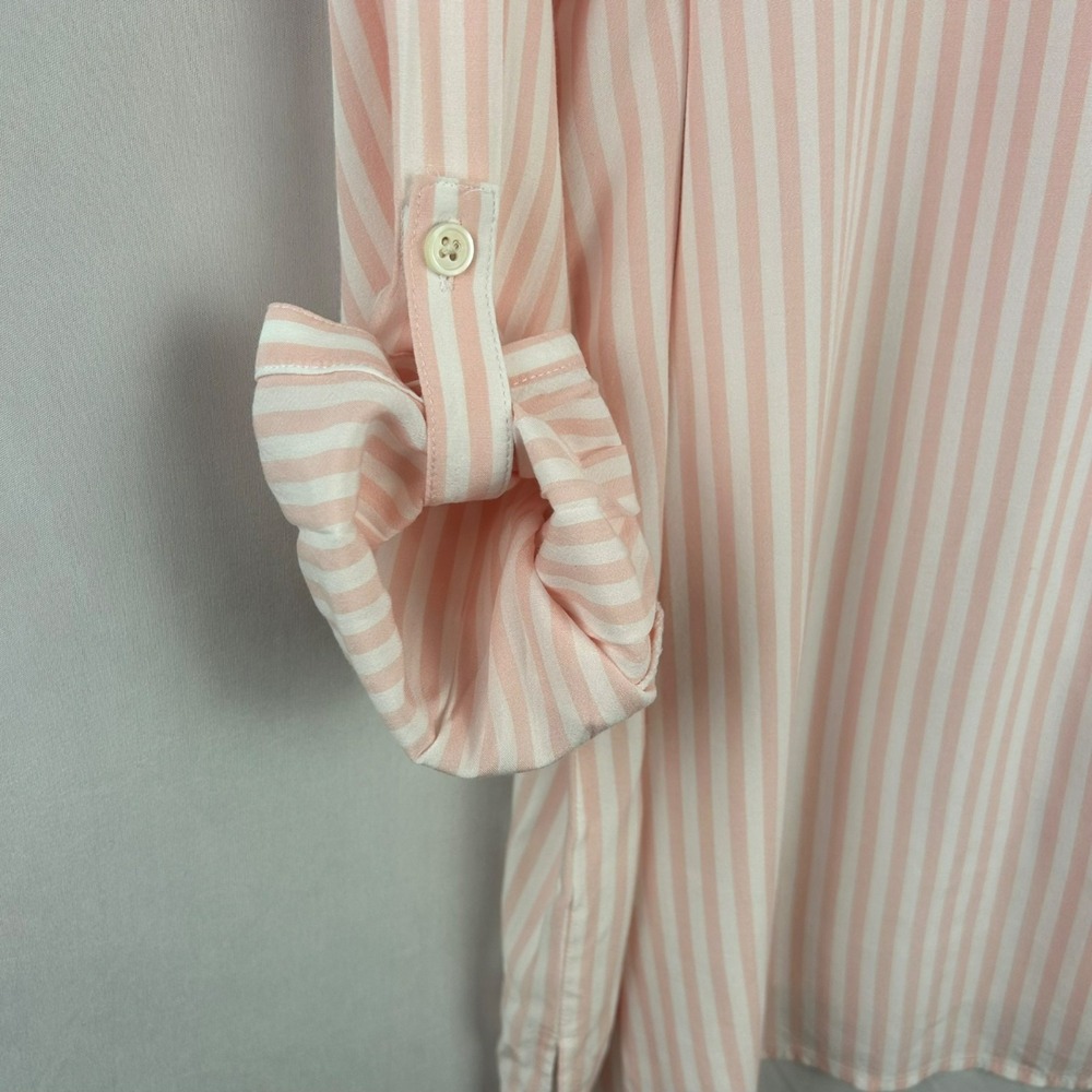 J Jill Stripe‎ Button Down Blouse Women Large Pink White Long Roll Tab Sleeves - Picture 7 of 8